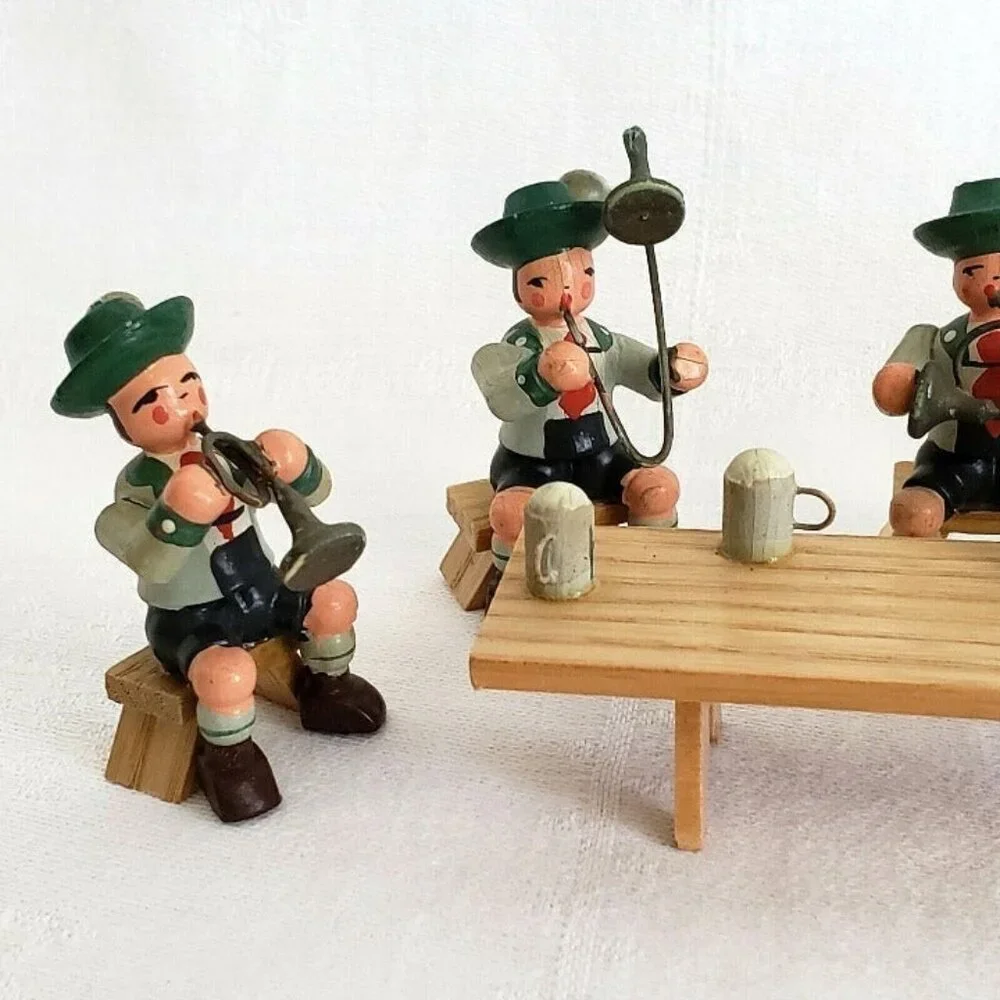 Octoberfest Hand Carved Figurines Set of 6 w/Miniature Table and Beers